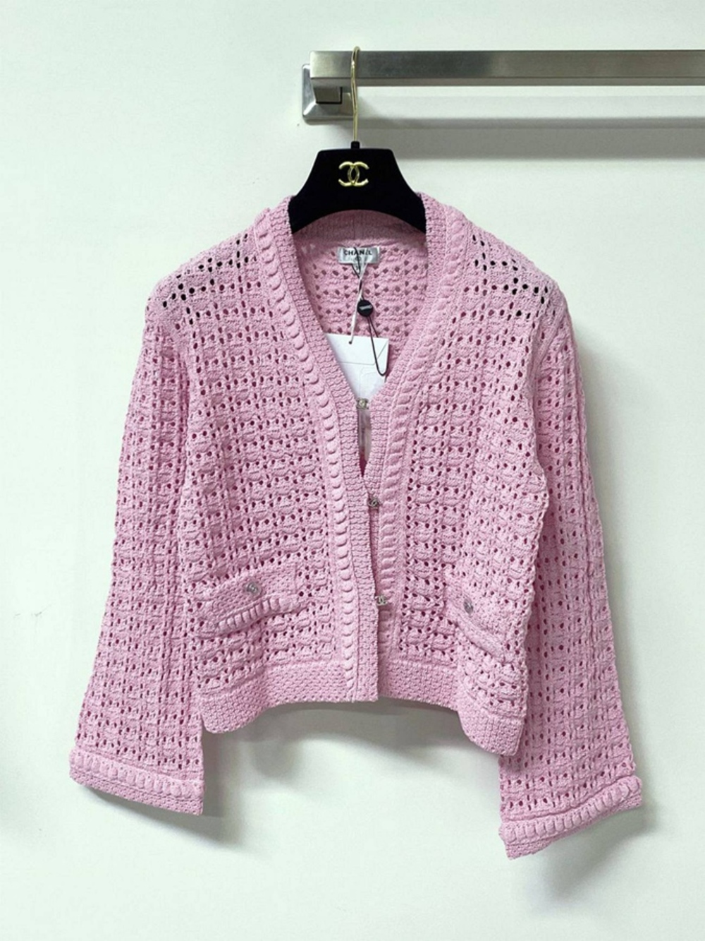 Chanel Pink Hollow Knit Short Designer Cardigan Jacket